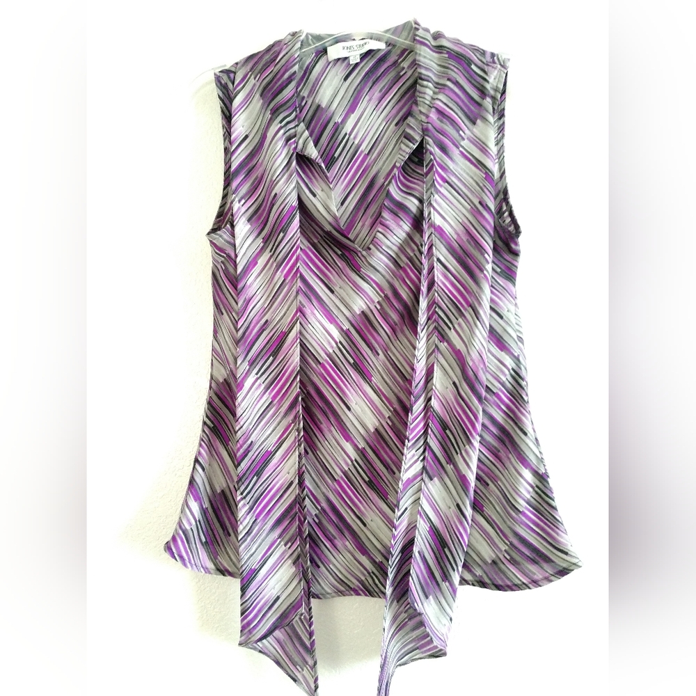 Pretty Tie Neck Blouse Sleeveless Purple Gray Stripey Print Medium Chest 34"
